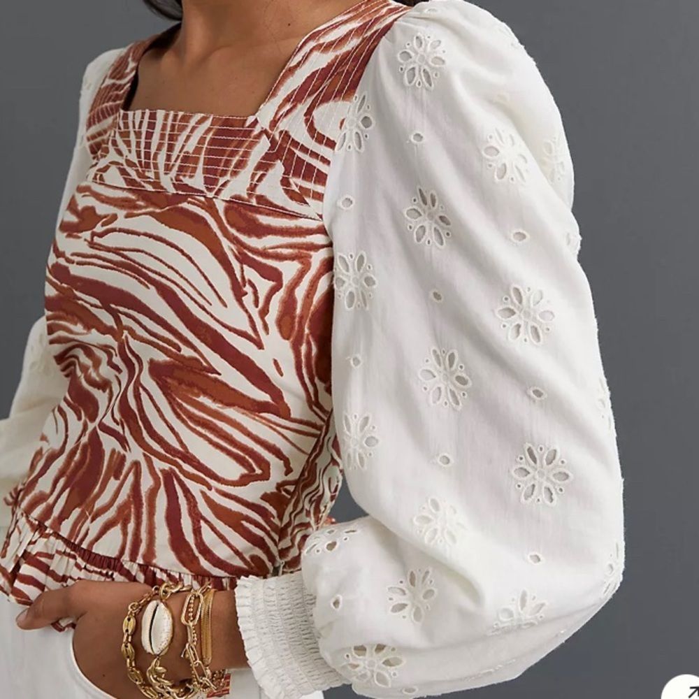 Anthropologie White Eyelet Puff-Sleeve Tunic with Rust Zebra Bodice
